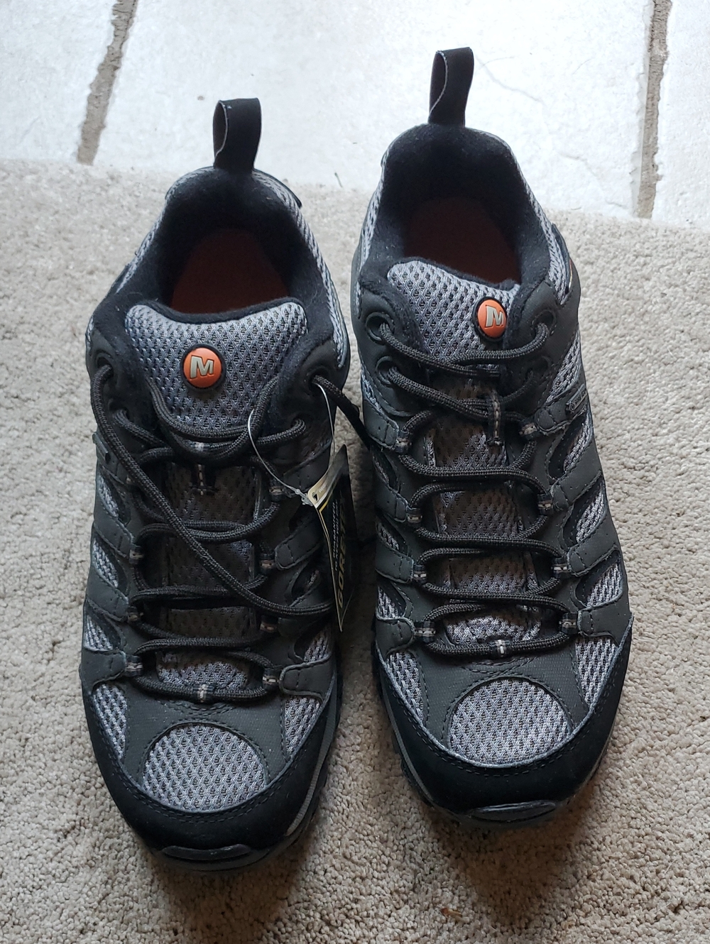 Merrell Gray and Black Men's Athletic Trail Sneakers with Orange Logo